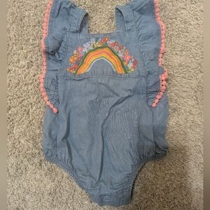 Mud Pie Rainbow Embroidered Romper with Pink Trim